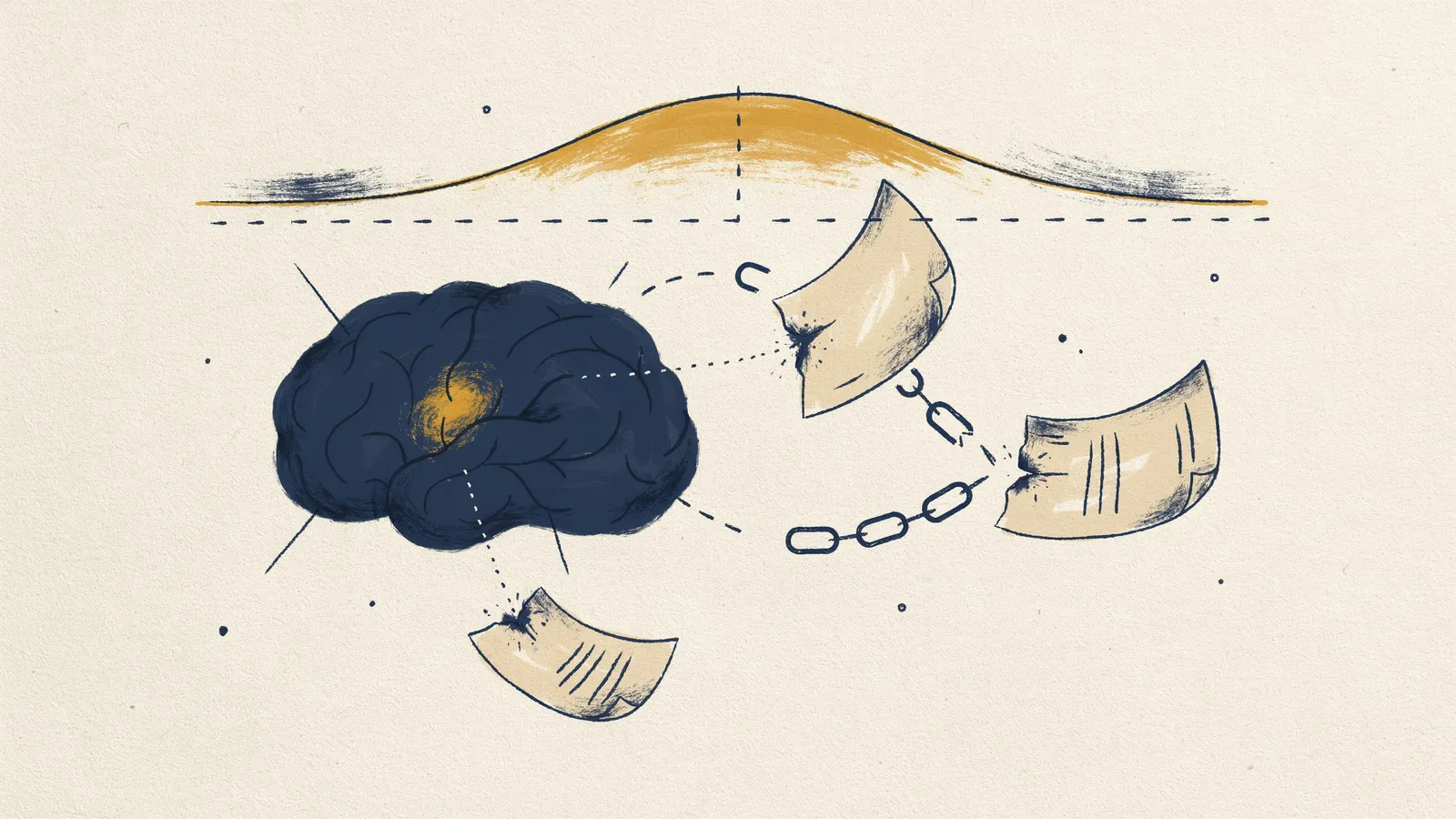 Illustration der vier Ursachen von KI-Halluzinationen: statistische Wortvorhersage, lückenhafte Trainingsdaten, fehlendes Grounding und unklare Prompts