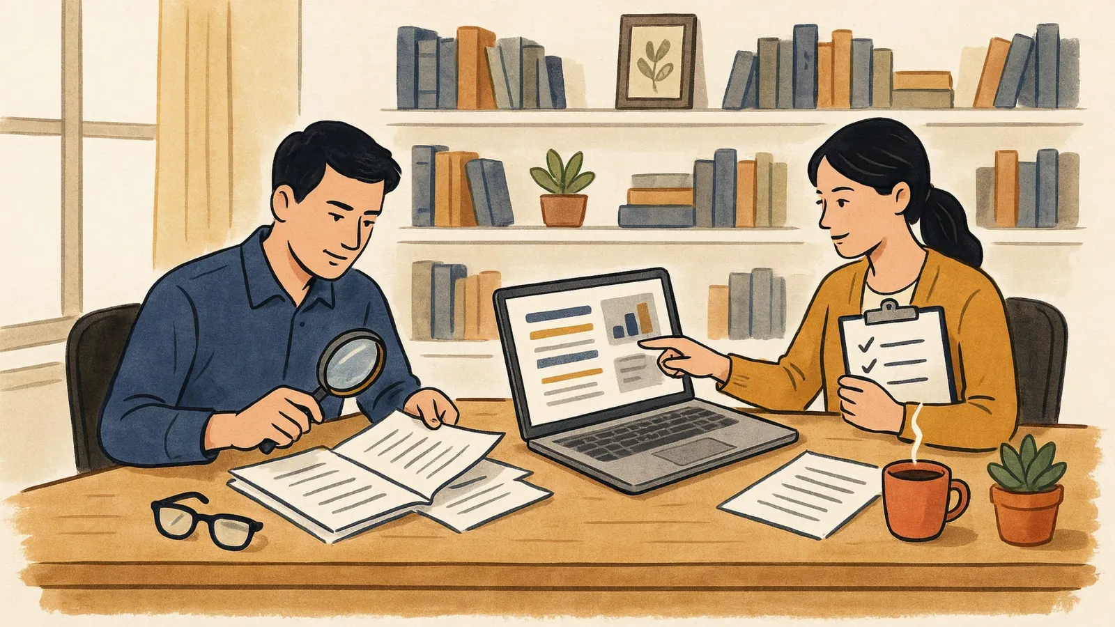 Illustration einer Prüfroutine, mit der ein Team KI-Halluzinationen im Arbeitsalltag erkennt: Zahlen, Quellen und Cross-Checks überprüfen
