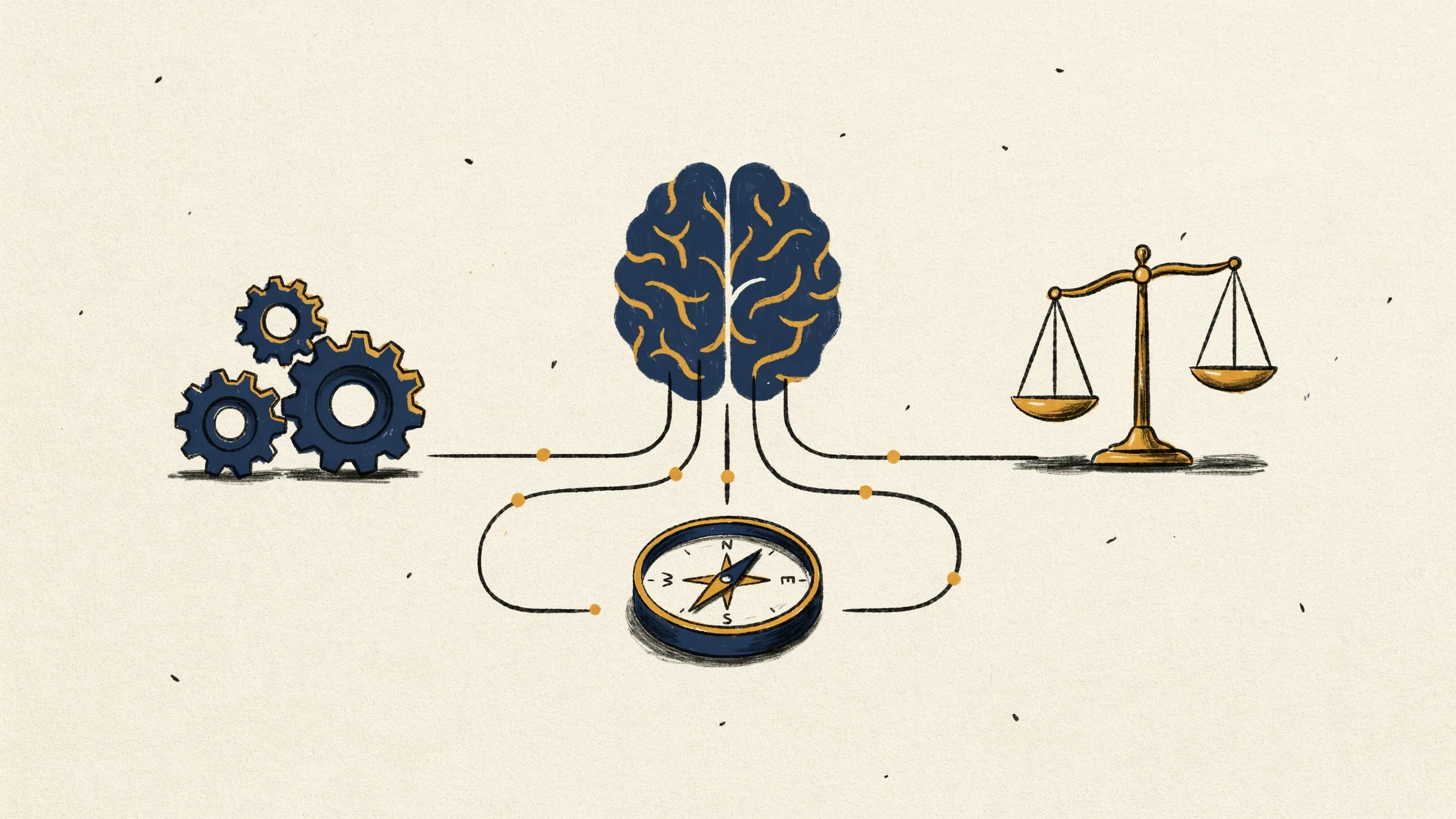 Illustration der drei Kompetenzbereiche der KI-Schulungspflicht: technisch, rechtlich und ethisch als verbundene Bausteine