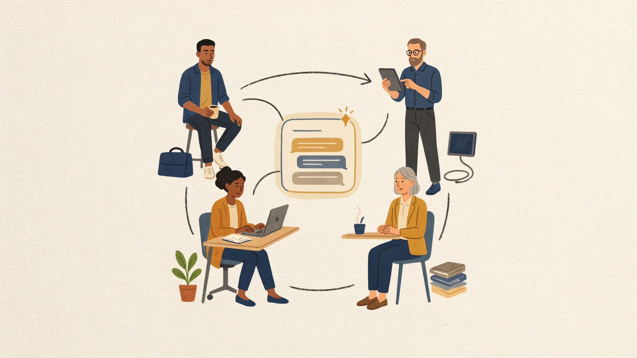 Illustration verschiedener Rollengruppen im Unternehmen, die von der KI-Schulungspflicht betroffen sind, vom Anwender bis zur Geschäftsführung