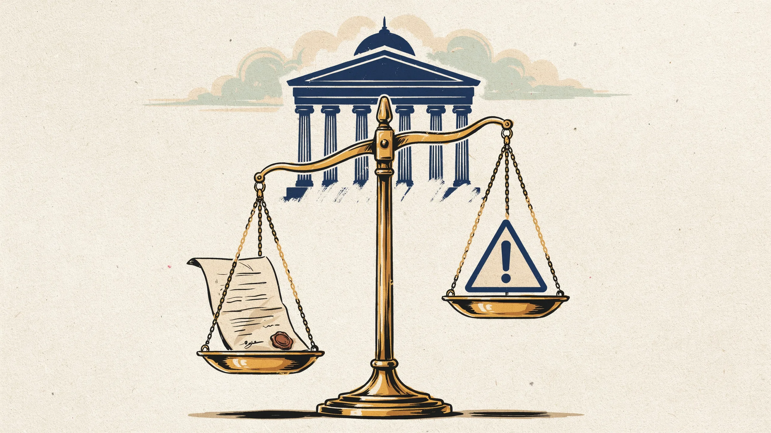 Illustration zu Aufsicht und Haftungsrisiko der KI-Schulungspflicht mit Waage zwischen Sorgfaltspflicht und Organisationsmangel