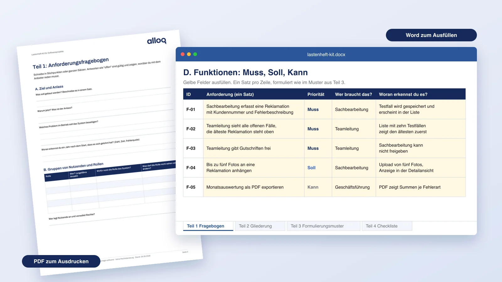 Lastenheft Vorlage für Software von alloq.digital: Word-Datei mit Anforderungstabelle aus ID, Priorität und Abnahmekriterium, dahinter der ausgedruckte PDF-Fragebogen
