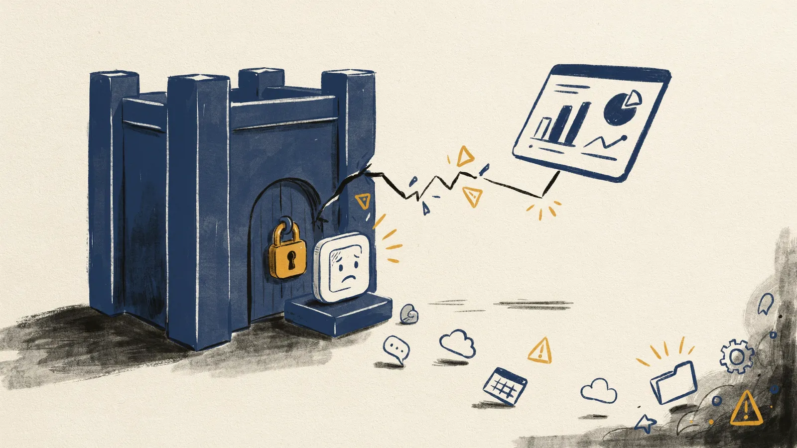 Illustration depicting vendor lock-in, shadow IT, and governance risks in low-code development