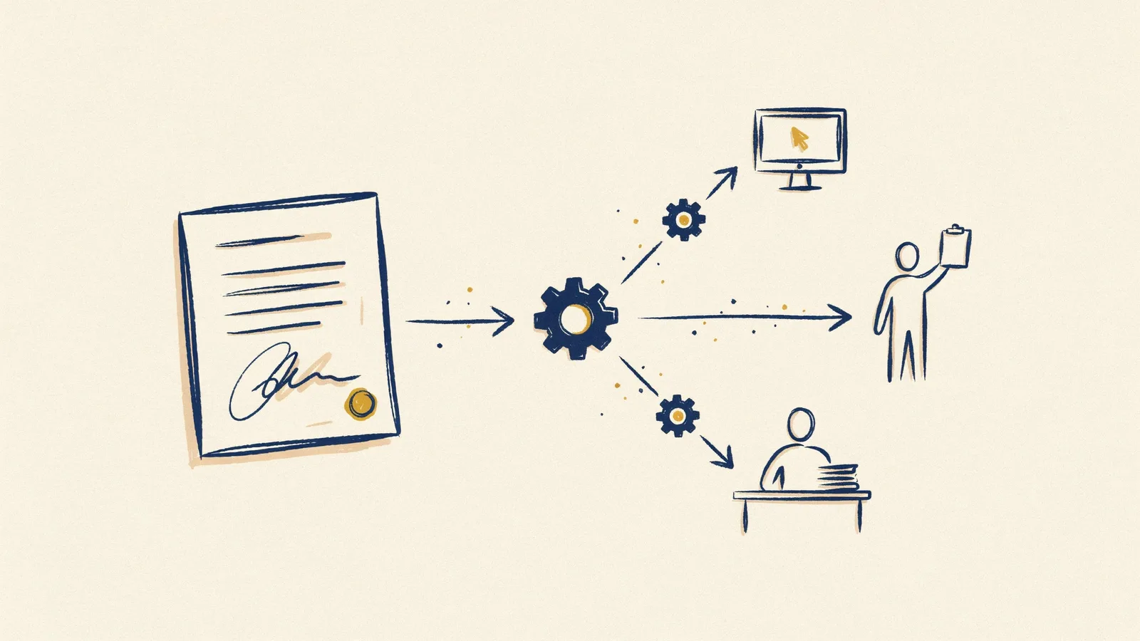 Illustration eines automatisierten Trigger-Workflows, der nach der Vertragsunterschrift Onboarding-Aufgaben an IT, Teamlead und Admin verteilt