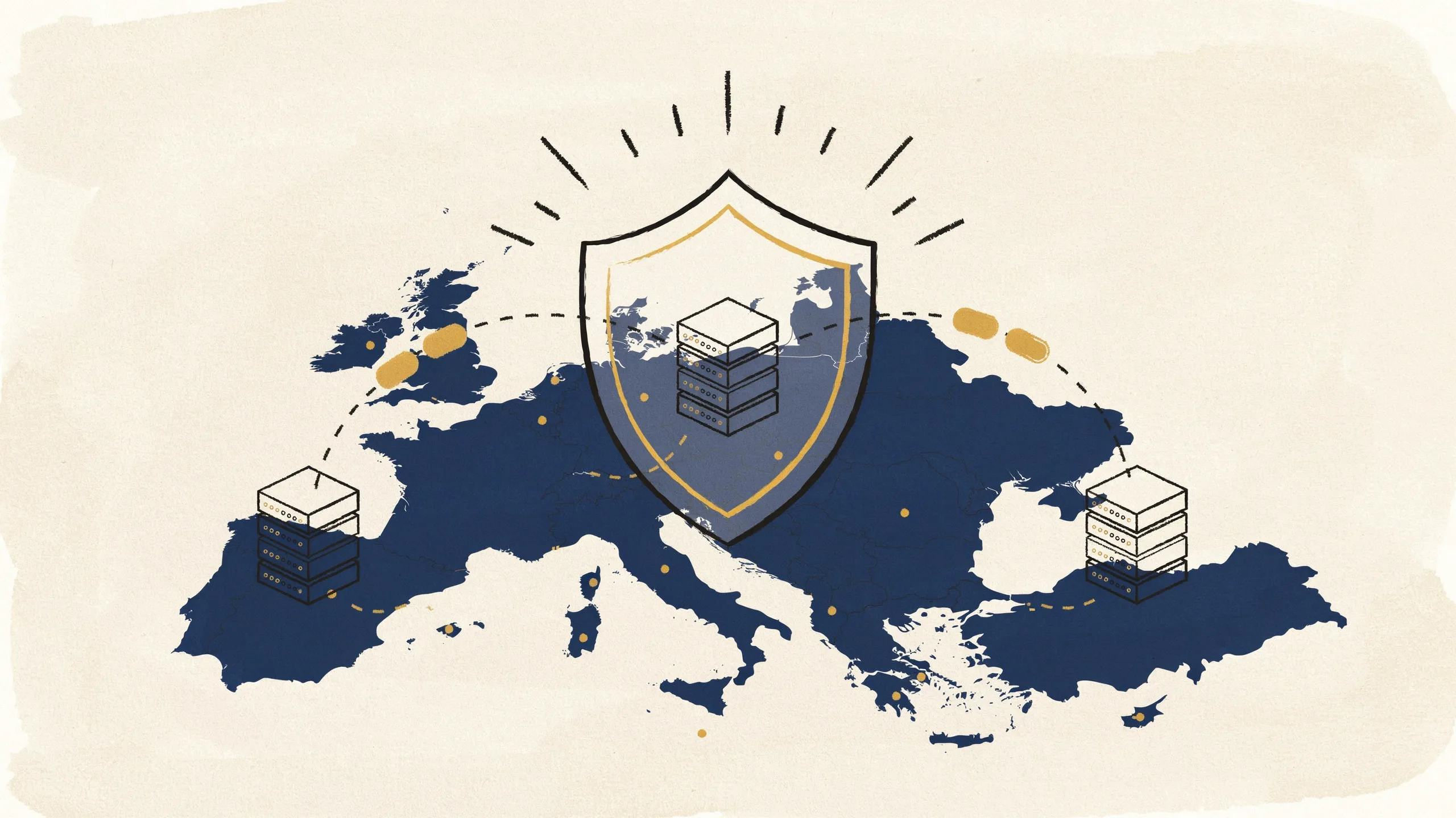 Illustration zum DSGVO-Datenfluss bei n8n Templates: Datenpakete wandern durch verbundene Dienste mit Schutzschild-Symbol