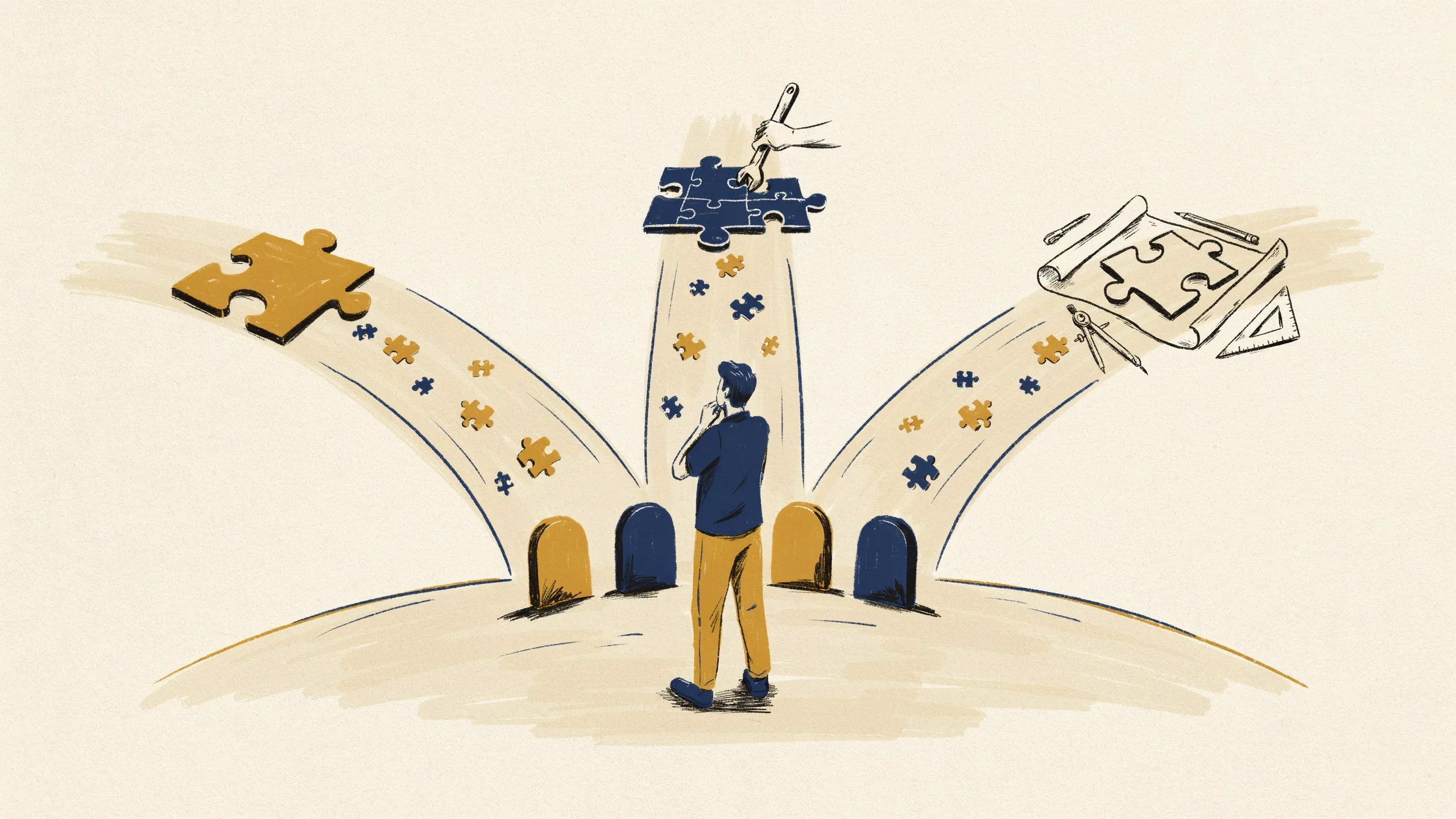 Illustration einer Entscheidung zwischen fertigem n8n Template, angepasster Vorlage und individuellem Custom-Workflow als Weggabelung