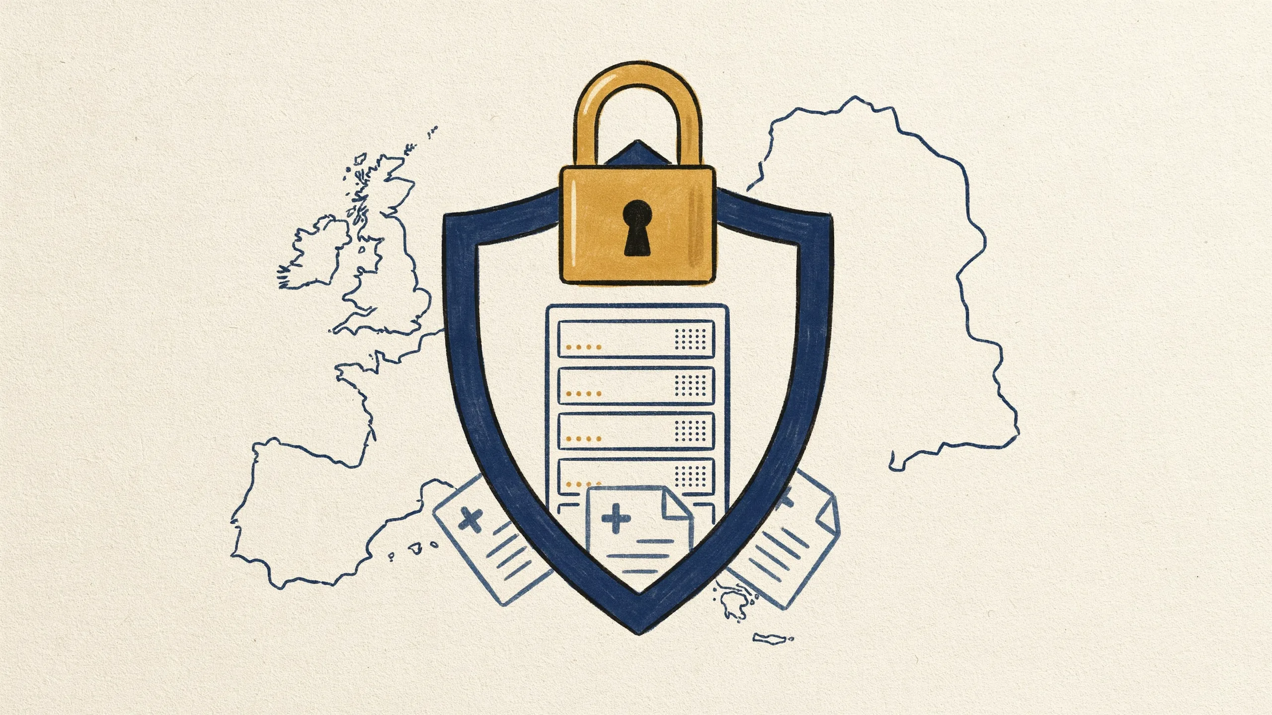 Illustration zu DSGVO-konformer Datenverarbeitung in der Logopädie-Praxissoftware mit Schloss- und Server-Symbolen