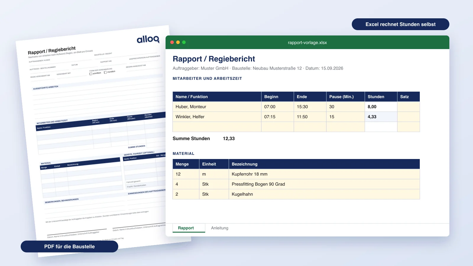 Regiebericht Vorlage von alloq.digital: Excel-Datei mit berechneten Stunden und Material, dahinter der ausgedruckte Rapportzettel als PDF