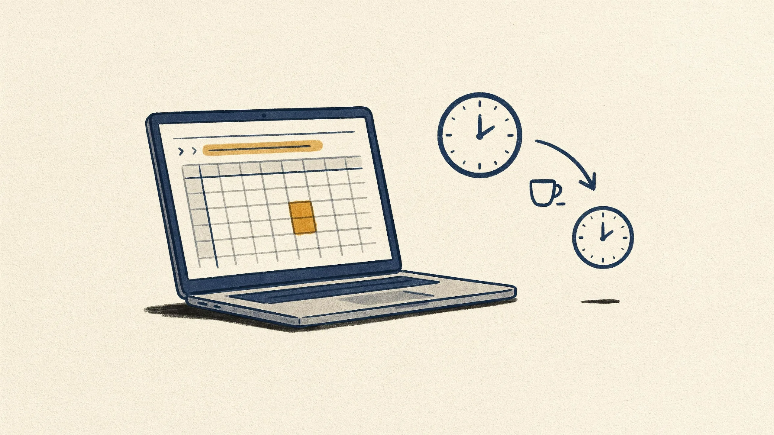 Illustration zur Berechnung der Arbeitsstunden in einer Excel-Stundenzettel-Vorlage aus Beginn, Ende und Pause