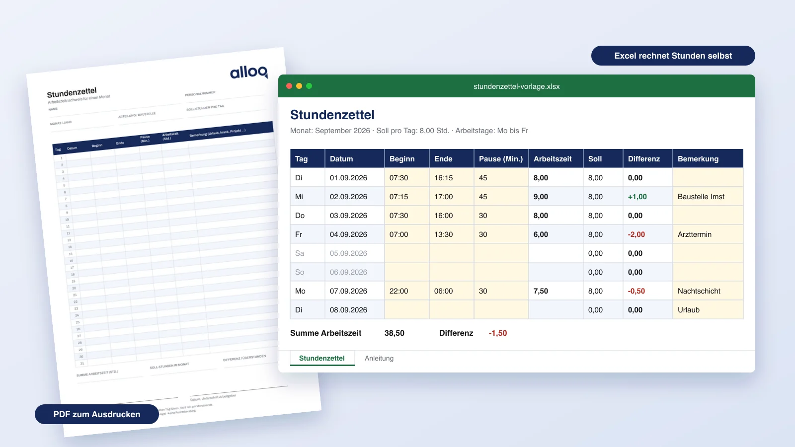 Stundenzettel-Vorlage von alloq.digital: Excel-Datei mit automatisch berechneter Arbeitszeit und Differenz, dahinter das ausgedruckte PDF-Monatsblatt