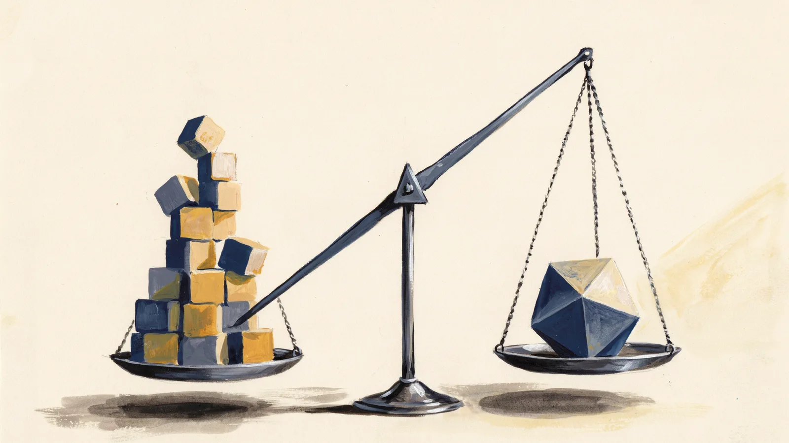 Illustration of a tipping-point scale weighing off-the-shelf automation tools against a custom-built system for business-critical workflows